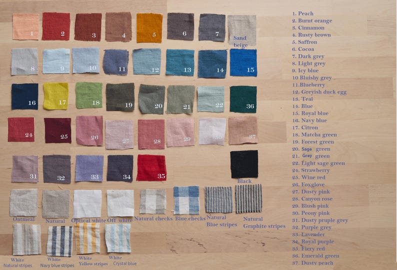 May include: A color chart of 37 different linen fabric swatches. The swatches are arranged in rows and columns, with each swatch labeled with a number and a color name. The color names include peach, burst orange, cinnamon, rusty brown, saffron, cocoa, dark grey, light grey, icy blue, bluish grey, blueberry, greyish duck egg, teal, blue, royal blue, navy blue, citron, matcha green, forest green, sage green, grey green, light sage green, strawberry, wine red, foxglove, dusty pink, canyon rose, blush pink, peony pink, dusty purple grey, purple grey, lavender, royal purple, fiery red, emerald green, and dusty peach.