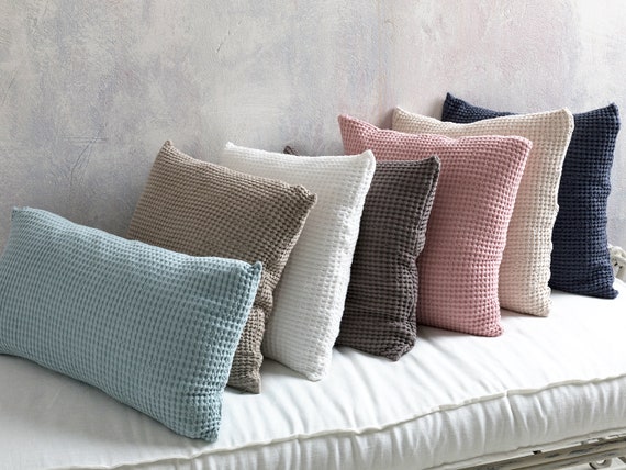 Linen pillowcase-Linen pilow cover -Decorative pillow-Waffle linen stonewashed pillowcase-Lumbar pillow covers.