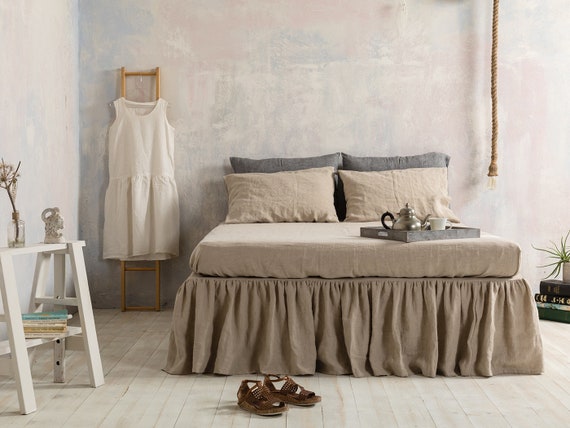 Linen bed skirt-Washed linen bed skirt-Ruffled linen bed skirt-Shabby chic linen bedskirt-Available in any sizes.