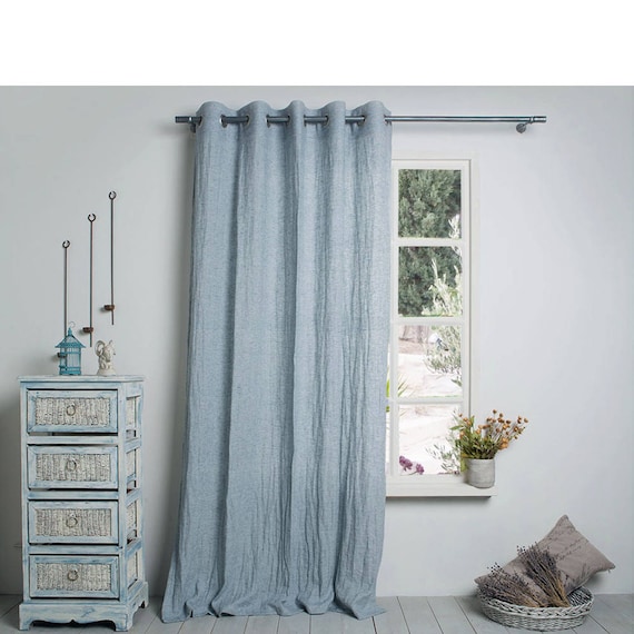 Linen Curtain-Linen Panel-Washed Linen Panels-Grey blue Linen panel with brushed nikel grommet in Width 54''(145cm)xCust.leng