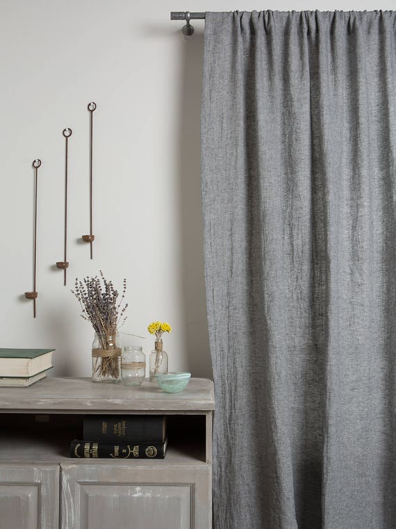 Linen Curtain-Linen drape in Graphite color-Washed, Linen Cunrtain-Rod pocket- 4''(10cm)-Width 55''(140cm) xCust.length