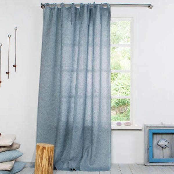 Drap de lin-Linge-Linge Panel-Curtain-Linen Curtain bleu gris avec des cravates-Drape-Linen Panel-Longueur personnalisée x 59''(150cm)