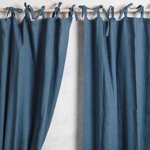 Linen Curtain Panel-Linen Curtain drape in Blue color-Washed Linen Cunrtain with ties top-Width 55&#39;&#39;(140cm) xCust.length