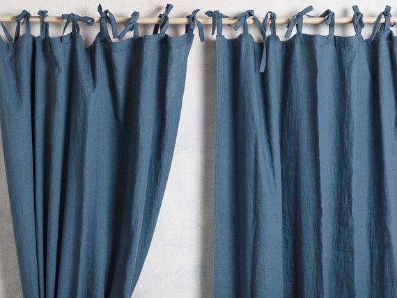 Linen Curtain Panel-Linen Curtain drape in Blue color-Washed Linen Cunrtain with ties top-Width 55''(140cm) xCust.length