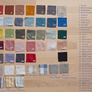 May include: A chart of 36 different linen fabric swatches with corresponding color names. The swatches are arranged in rows and columns, with each swatch labeled with a number. The color names are listed in a column to the right of the swatches.