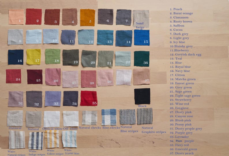 May include: A chart of 36 different linen fabric swatches with corresponding color names. The swatches are arranged in rows and columns, with each swatch labeled with a number. The color names are listed in a column to the right of the swatches.