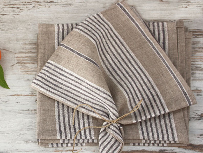 Linen Napkins,Set of 4-6-8 napk. Natural napkins with thin stripes in white and grey. 16.5x16.542x42cm . image 4