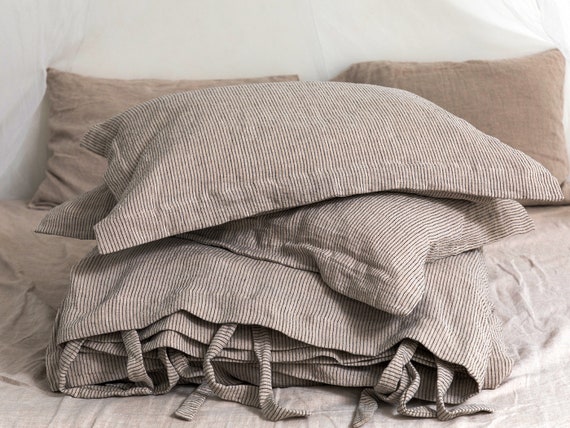 Linen Duvet Cover- Washed Linen Duvet Cover-Linen duvet cover in natural color with black stripes-Linen bedding--Available in any size.