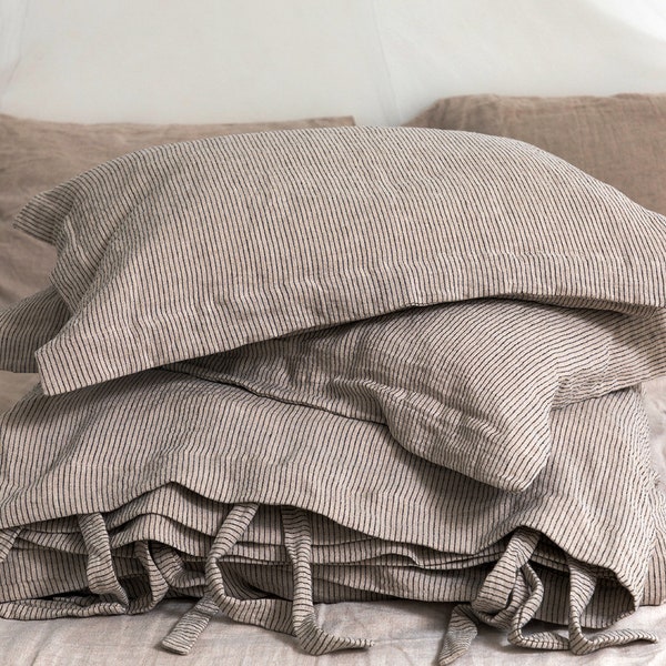 Linen Duvet Cover- Washed Linen Duvet Cover-Linen duvet cover in natural color with black stripes-Linen bedding--Available in any size.