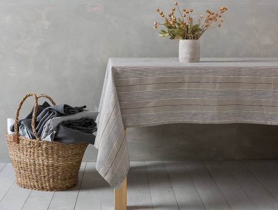 Linen tablecloth-Tablecloth-Striped LinenTable linens-Dining Linen Tablecloth- Width 57" x Custom length Exlusive table linen.