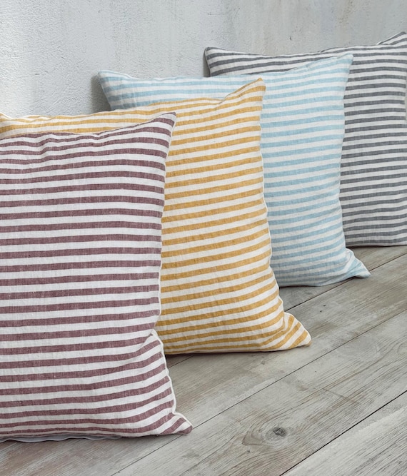 Linen Cushion Cover -Washed Linen shams -Decorative Throw pillows-Throw pillowcase-Striped linen pillow cover. Linen shams.