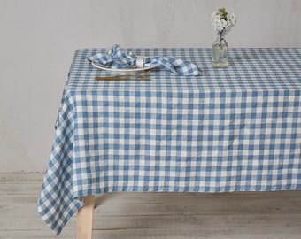 Linen tablecloth-Tablecloth-Table linens-White and Blue checks-Washed Linen Tablecloth- Width 55"(140cm) x Custom length.