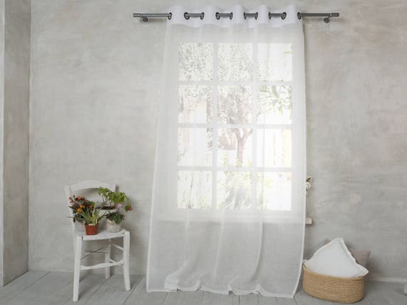Linen Curtain - White Linen Panel - Sheer Linen curtain with graphite grommets- Linen Curtain - Width 67’’ (170cm) x Custom length.