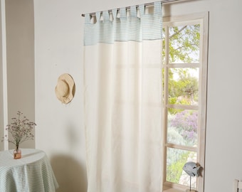 Rideau en lin - Panneau en lin de couleur blanc cassé avec bordure à rayures et patte de dessus. Rideaux en lin lavé avec boucles 4 po. - Largeur 55 po. (140 cm)