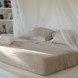 Linen Sheet-Linen bed sheets in Natural color with White stripes-Linen bedding- Linen fitted bed sheet-Linen Flat Bed Sheet