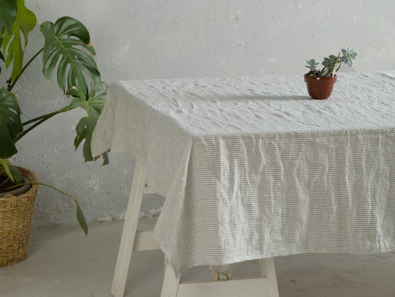 Linen tablecloth-Table linens-Washed Linen tablecloth in White base with grey stripes- Table linens-Tablecloth.