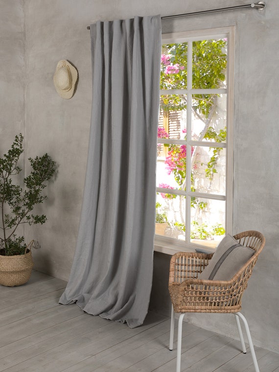 Linen Curtain-Linen Panel in Light grey with hiddern back tabs-Lined Linen Panel with Black out lining-Width 52''(132cm)x Custom length.