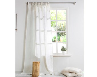 White Linen Curtain Panel - Extra Large Linen Curtain with ties- Washed Linen Panels-Window Treatments.