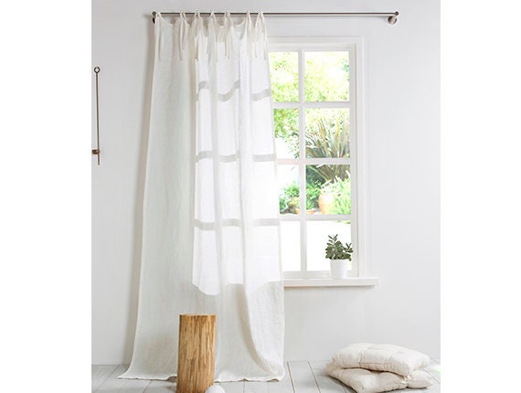White Linen Curtain Panel - Extra Large Linen Curtain with ties- Washed Linen Panels-Window Treatments.