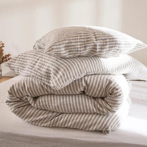 Linen Duvet Cover- Washed Linen Duvet Cover-Linen duvet cover in white color with grey stripes-Linen bedding--Available in any size.