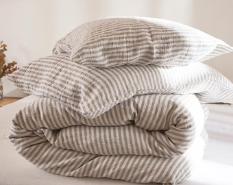 Housse de couette en lin - Housse de couette en lin lavé - Housse de couette en lin blanche avec rayures grises - Literie en lin - Disponible dans toutes les tailles.
