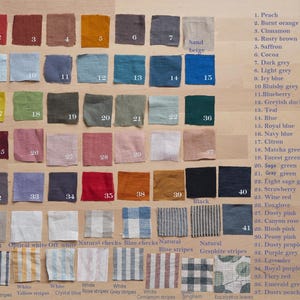 May include: A chart of 41 different linen fabric swatches, each labeled with a number and a color name. The swatches are arranged in rows and columns, and the color names are listed on the right side of the chart. The chart is on a wooden surface.