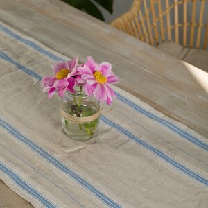 May include: A light brown table runner with blue stripes, featuring a glass jar with pink flowers on top.
