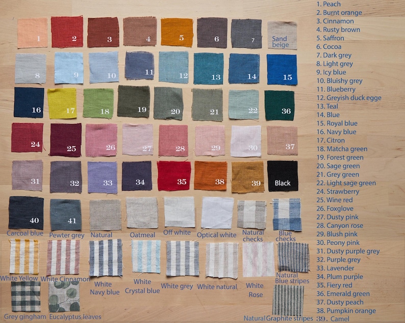 May include: A color chart of 39 fabric swatches, each with a number and a name. The swatches are arranged in rows and columns, and the names are listed on the right side of the chart. The colors include peach, burnt orange, cinnamon, rusty brown, saffron, cocoa, dark grey, light grey, icy blue, bluishy grey, blueberry, greyish duck egg, teal, blue, royal blue, navy blue, citron, matcha green, forest green, sage green, grey green, light sage green, strawberry, wine red, foxglove, dusty pink, canyon rose, blush pink, peony pink, dusty purple grey, purple grey, lavender, plum purple, fiery red, emerald green, dusty peach, pumpkin orange, and camel.