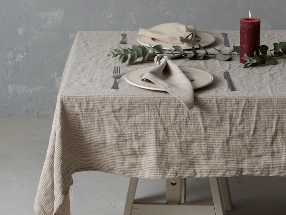 Linen tablecloth-Table linens-Washed Linen tablecloth in Natural color with blue stripes- Table linens-Tablecloth.