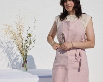 Linen Apron, Kitchen Linen Apron Linen apron with ab big front pocket.