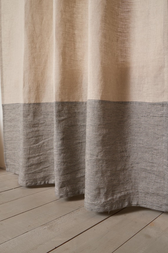 Linen Curtain - Linen Panel-Linen drape drape in Natural color with striped border. Rod pocket- 4''-Width. Border 16 inches wide.