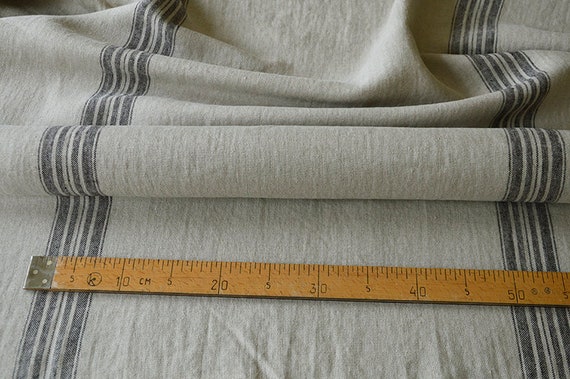 Linen fabric with black stripes by meter. French grain sack linen fabric. Softened linen fabric. Weights 350g/m2.