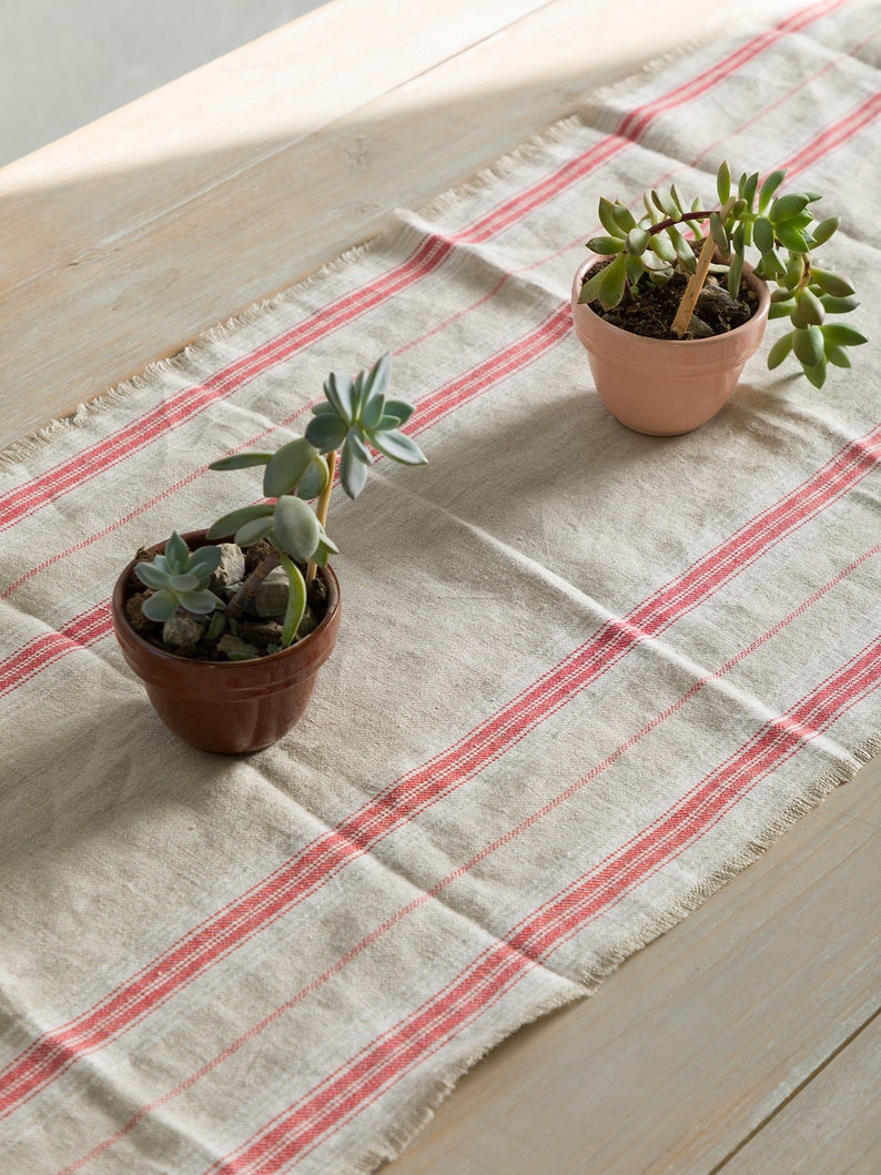 May include: Two potted succulents on a white table runner with red stripes. The succulents are in terracotta pots.