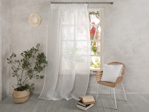 Linen Curtain-Linen Panel in white color with pencil pleats- Sheer Linen curtain - Linen Drapes - Width 35’’ (90cm) x Custom length.