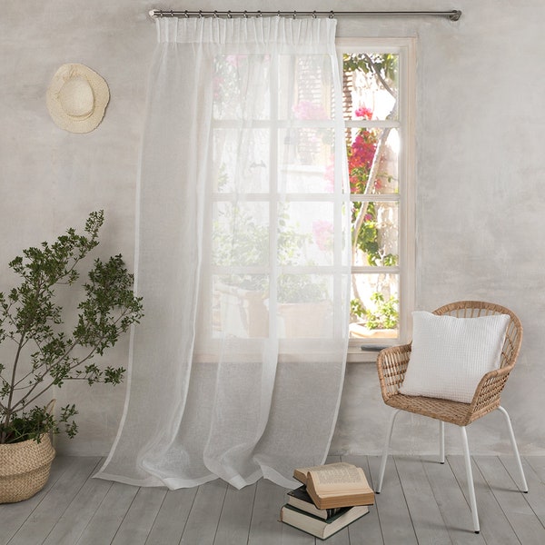 Linen Curtain-Linen Panel in white color with pencil pleats- Sheer Linen curtain - Linen Drapes - Width 35’’ (90cm) x Custom length.