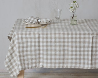 Linen tablecloth-Tablecloth-Table linens-White and natural checks-Washed Linen Tablecloth- Width 55"(140cm) x Custom length.