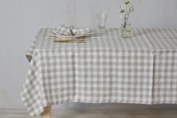 Linen tablecloth-Tablecloth-Table linens-White and natural checks-Washed Linen Tablecloth- Width 55"(140cm) x Custom length.