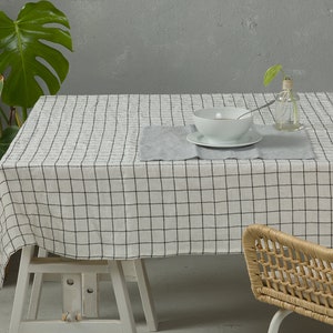 Linen tablecloth-Table linens-Washed Linen tablecloth in White base with black checks- Table linens-Tablecloth.