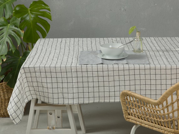 Linen tablecloth-Table linens-Washed Linen tablecloth in White base with black checks- Table linens-Tablecloth.