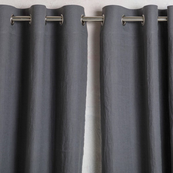 Linen Curtain-Linen Panel-Washed Linen Panel-Dark Grey Linen panel with brushed nikel grommet- Width 55''(140cm)xCust.leng