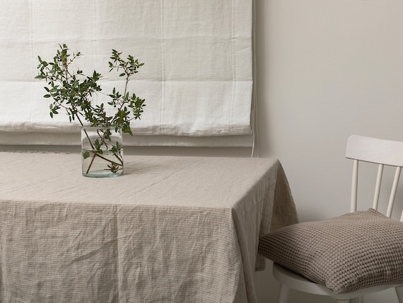 Linen tablecloth-Table linens-Washed Linen tablecloth in Natural color with duck egg stripes- Table linens-Tablecloth.