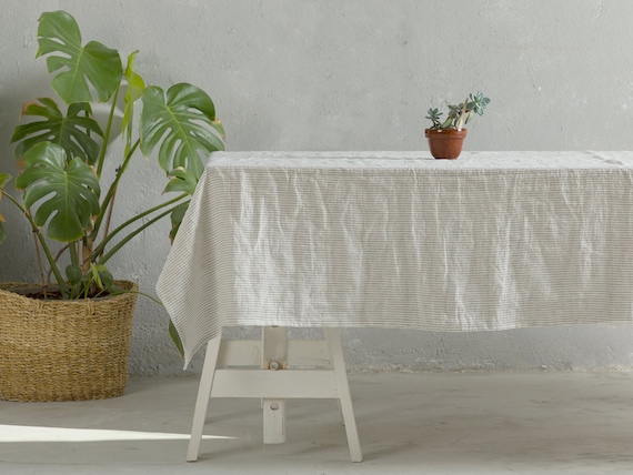 Linen tablecloth-Table linens-Washed Linen tablecloth in White base with grey stripes- Table linens-Tablecloth.