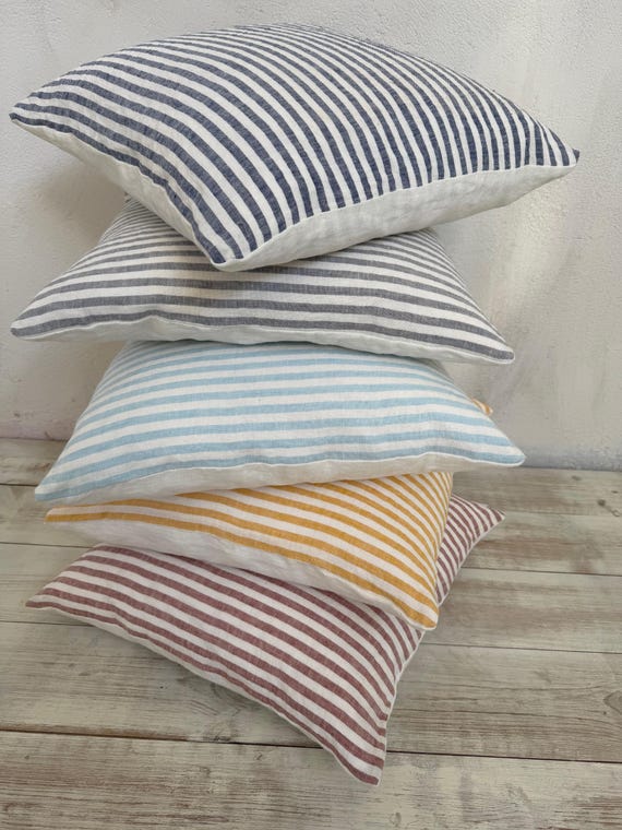 Linen Cushion Cover -Washed Linen shams -Decorative Throw pillows-Throw pillowcase-Striped linen pillow cover. Linen shams.