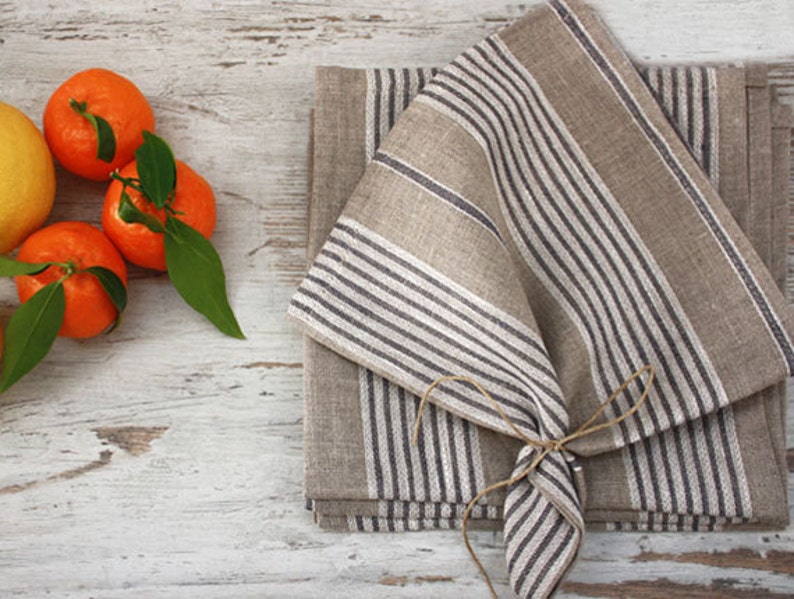 Linen Napkins,Set of 4-6-8 napk. Natural napkins with thin stripes in white and grey. 16.5x16.542x42cm . image 1