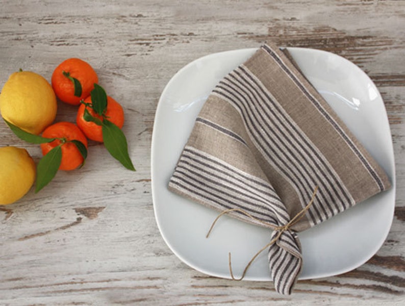 Linen Napkins,Set of 4-6-8 napk. Natural napkins with thin stripes in white and grey. 16.5x16.542x42cm . image 2