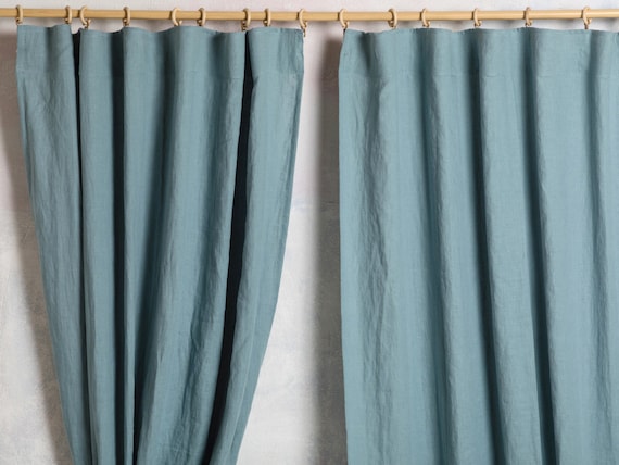 Linen Curtain Panel-Linen Drape-Washed Linen drape in grayish duck egg color-Ripple tape Linen Curtain drape Width 30''(75cm)xCust.x lenght