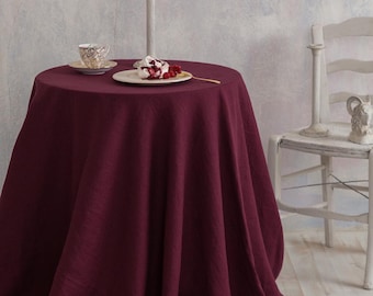 Nappe en lin-Nappe ronde en lin-Nappe ronde extra large de couleur bordeaux-Linge de table-Nappe-Nappe en lin lavé.