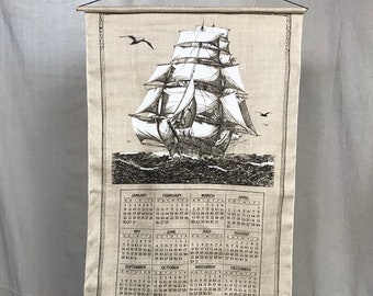 Linen Calendar 1967 Towel Tall Ship NOS // Deadstock Kitchen Decor 1960s Sailboat William Boucher