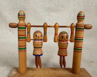 Vintage Wood Flip Toy // Working Painted Acrobats Japan
