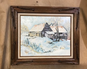 Vintage Oil Painting Landscape Rustic // Framed Signed Snow Scene Snowy Barn Cabin Decor Primitive